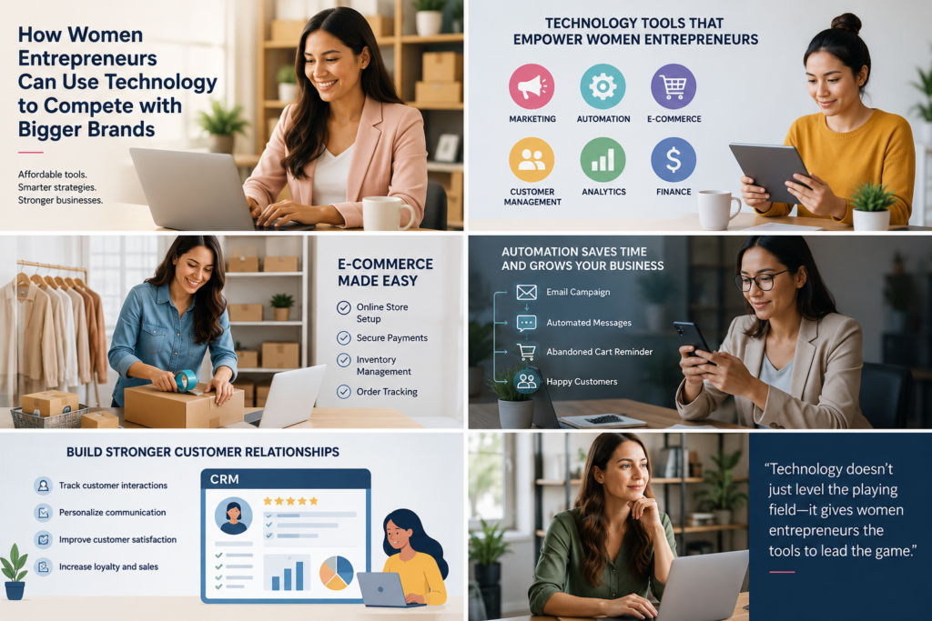 women entrepreneurs, small business technology, digital marketing tools, e-commerce platforms, business automation, CRM software, women-owned businesses, affordable business tools, online business growth, customer management systems